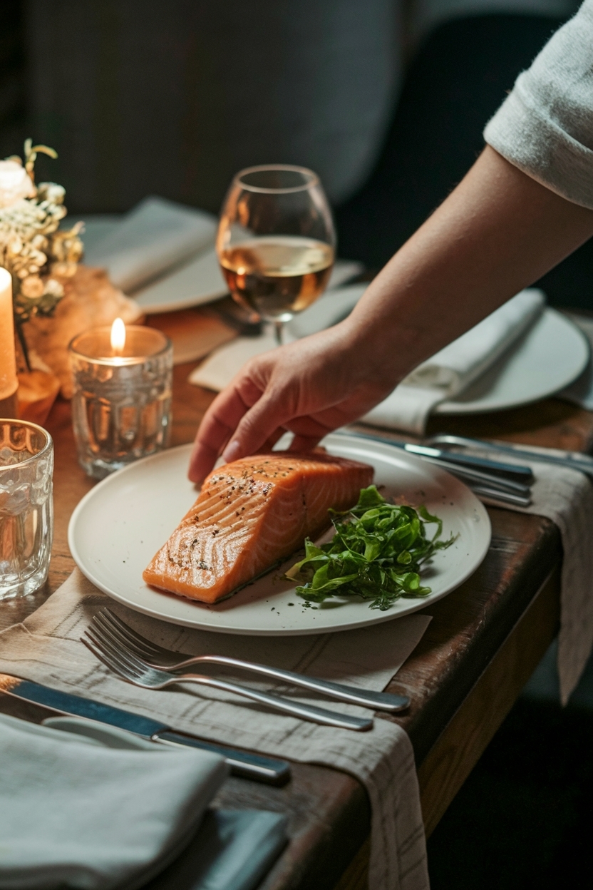 lifestyle scene of salmon dinner