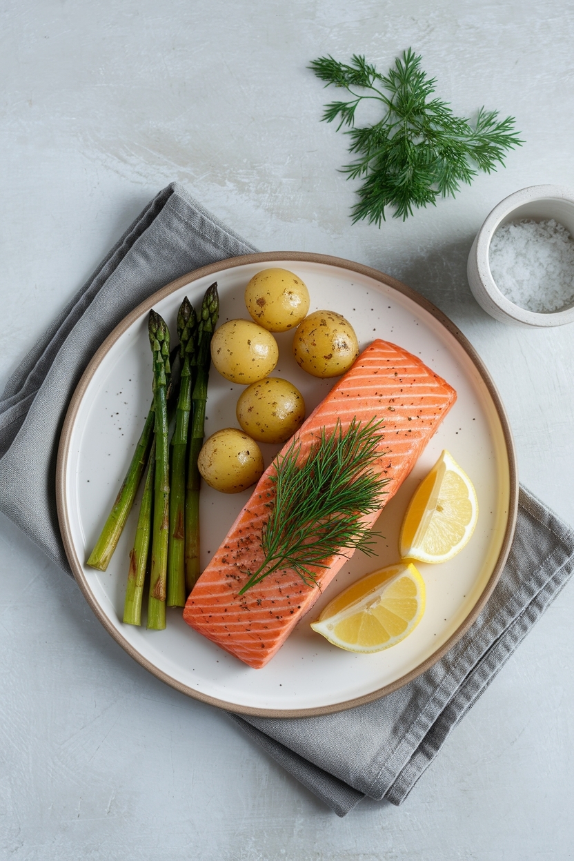 top down flat lay of salmon dinner plate