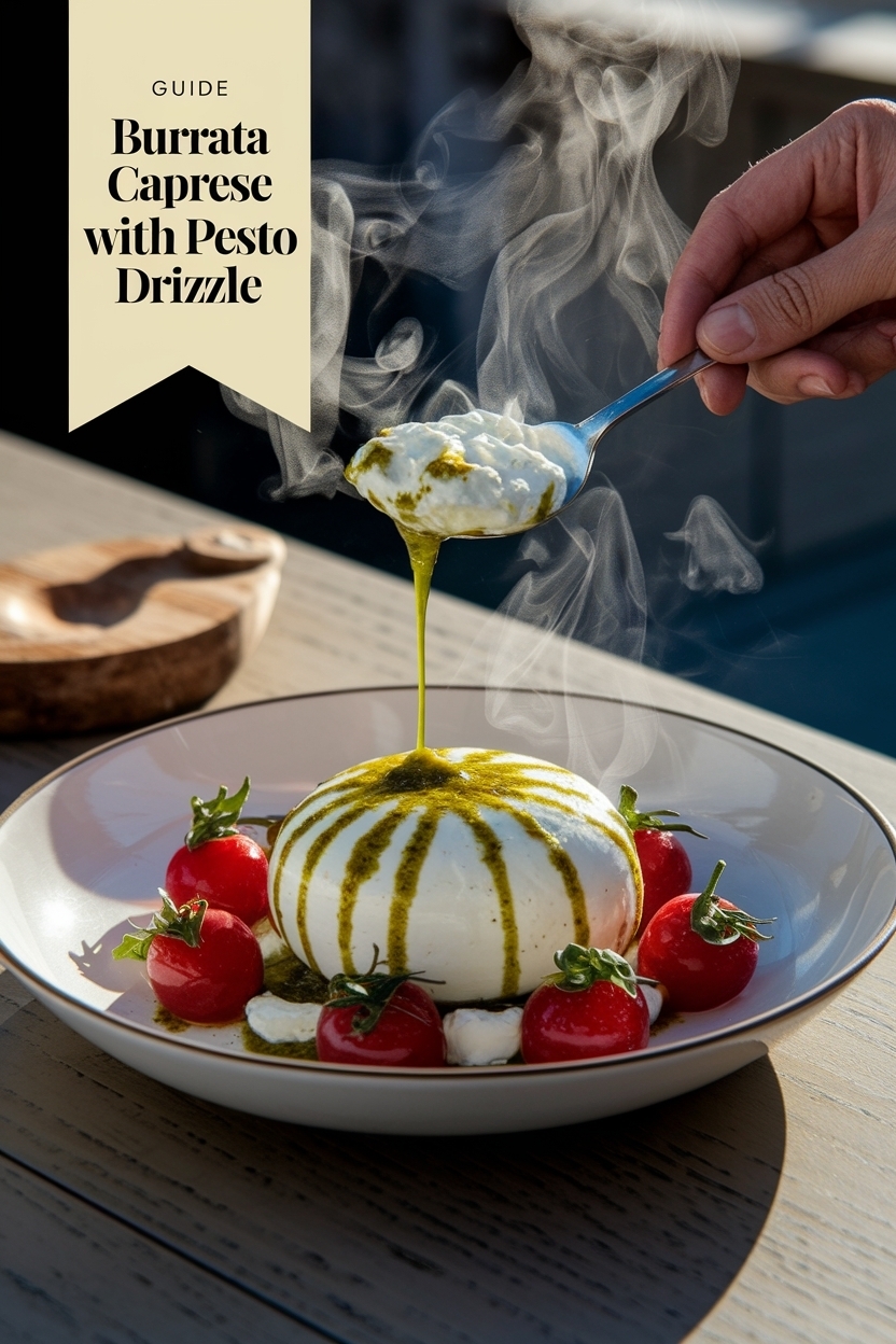 burrata caprese with pesto drizzle