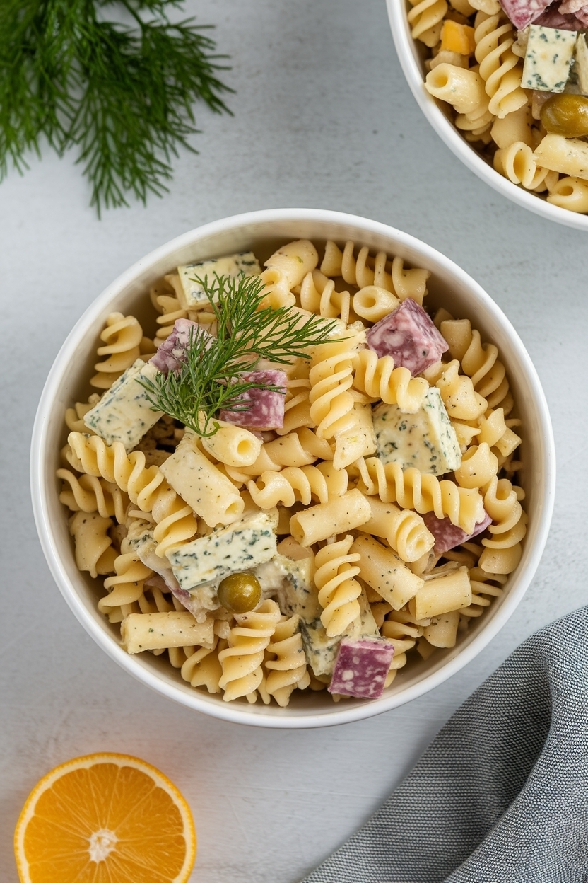 dill pickle pasta salad cheddar cubes