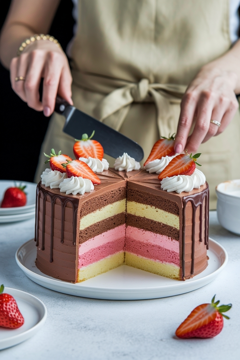 neapolitan layer cake chocolate vanilla strawberry