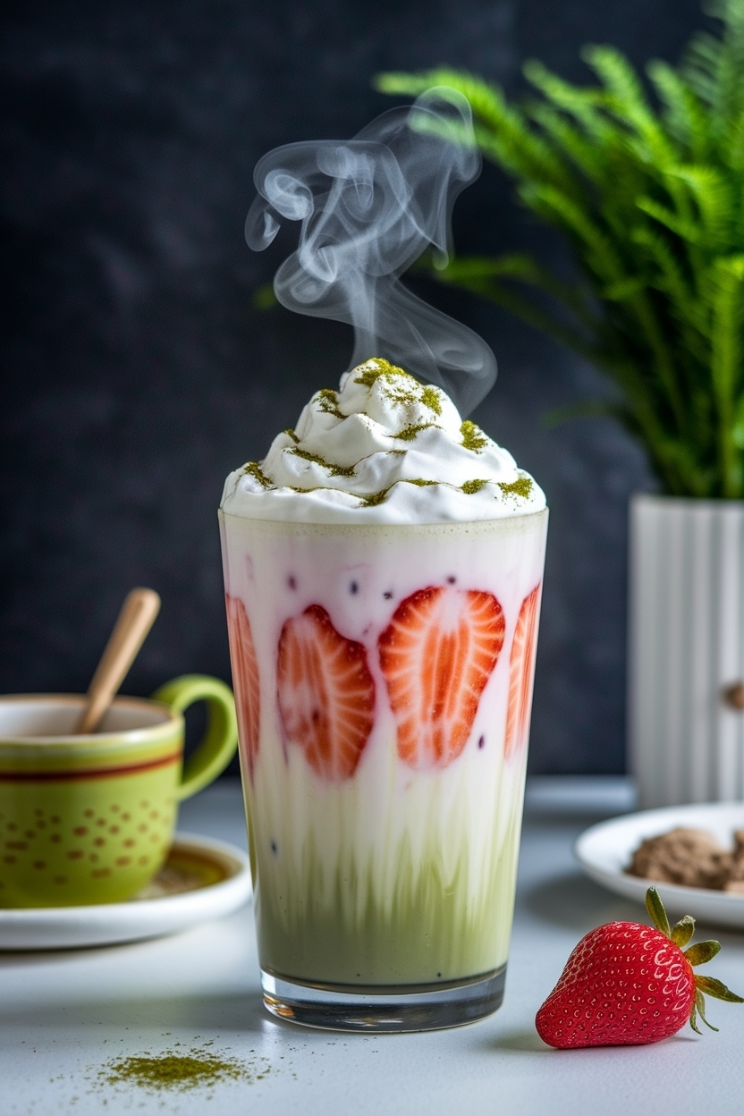 iced strawberry matcha latte layered at home