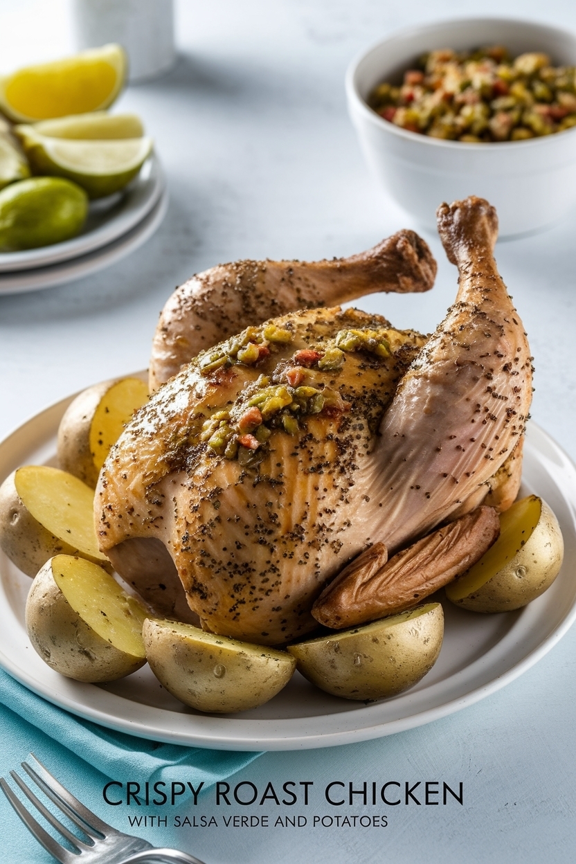 roast chicken with salsa verde and potatoes