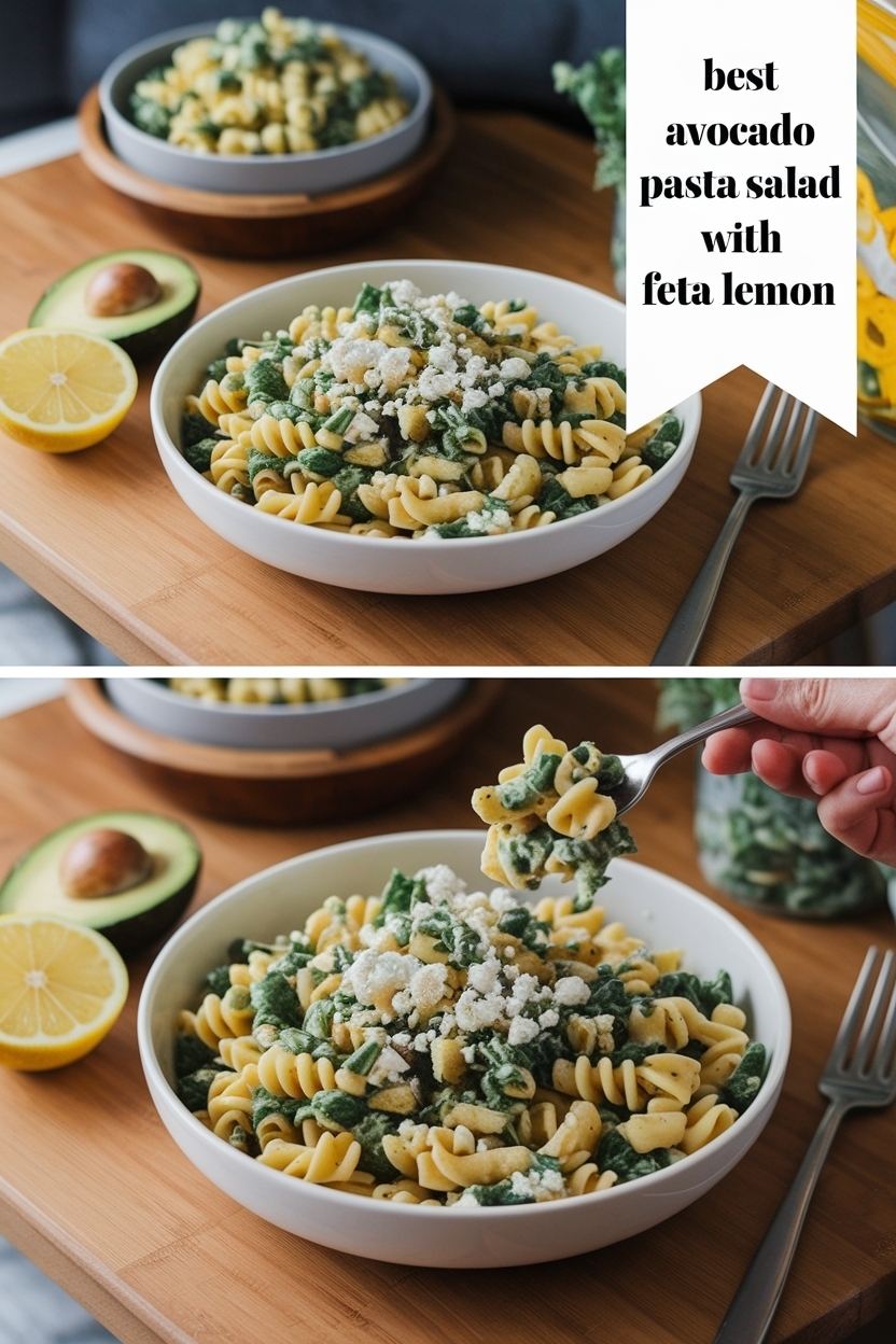avocado pasta salad with feta lemon