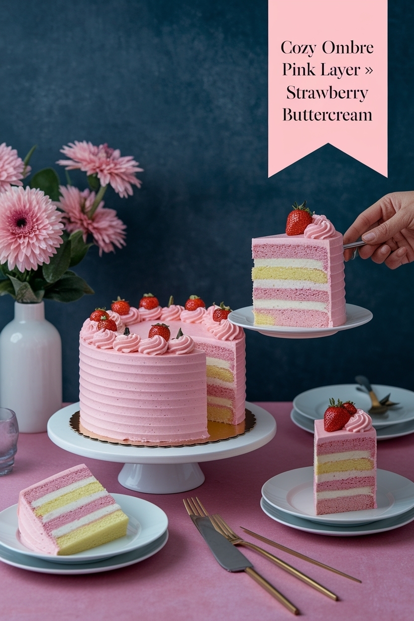 ombre pink layer cake strawberry buttercream