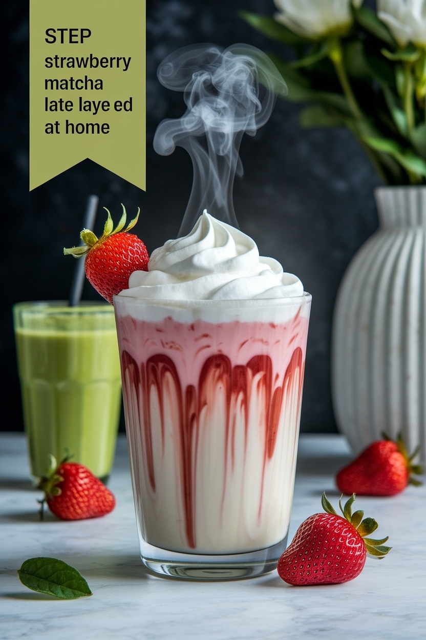 iced strawberry matcha latte layered at home