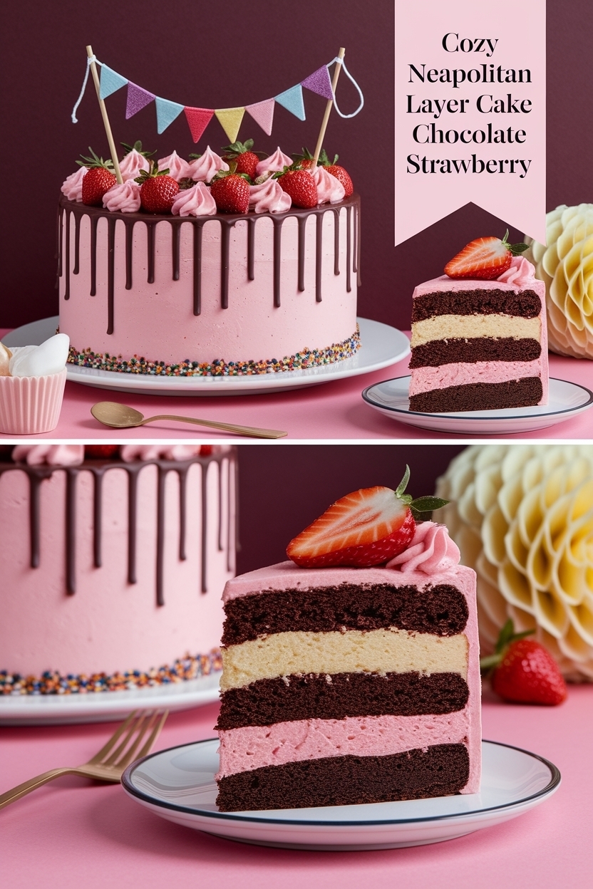 neapolitan layer cake chocolate vanilla strawberry