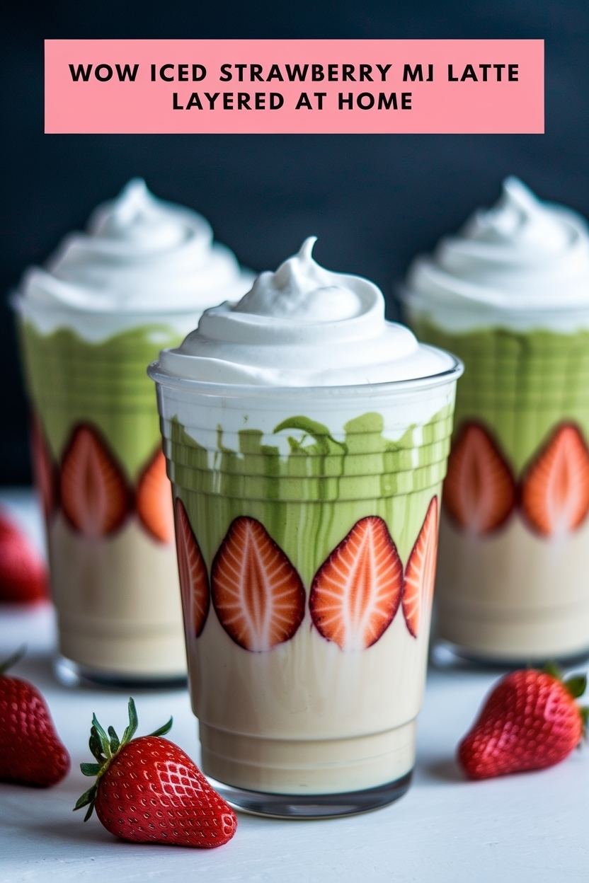 iced strawberry matcha latte layered at home
