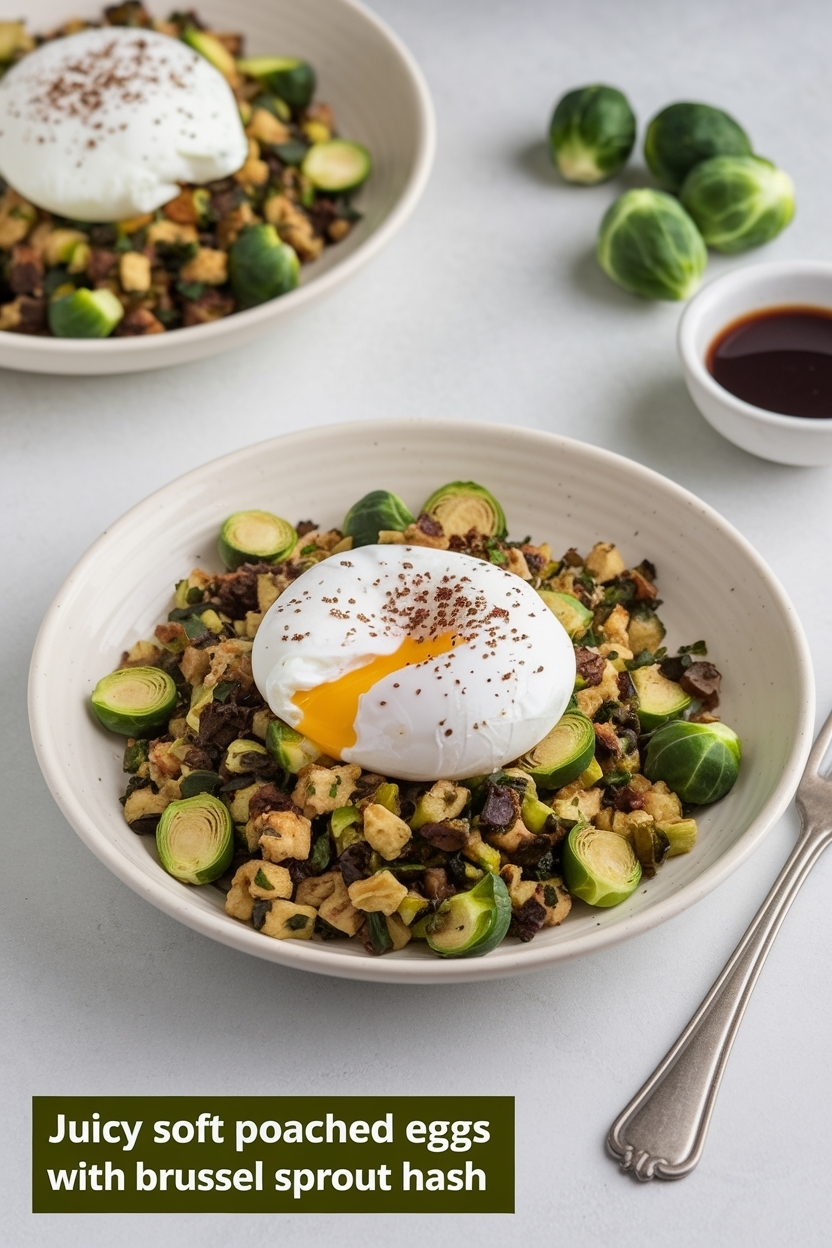 soft poached eggs with brussel sprout hash