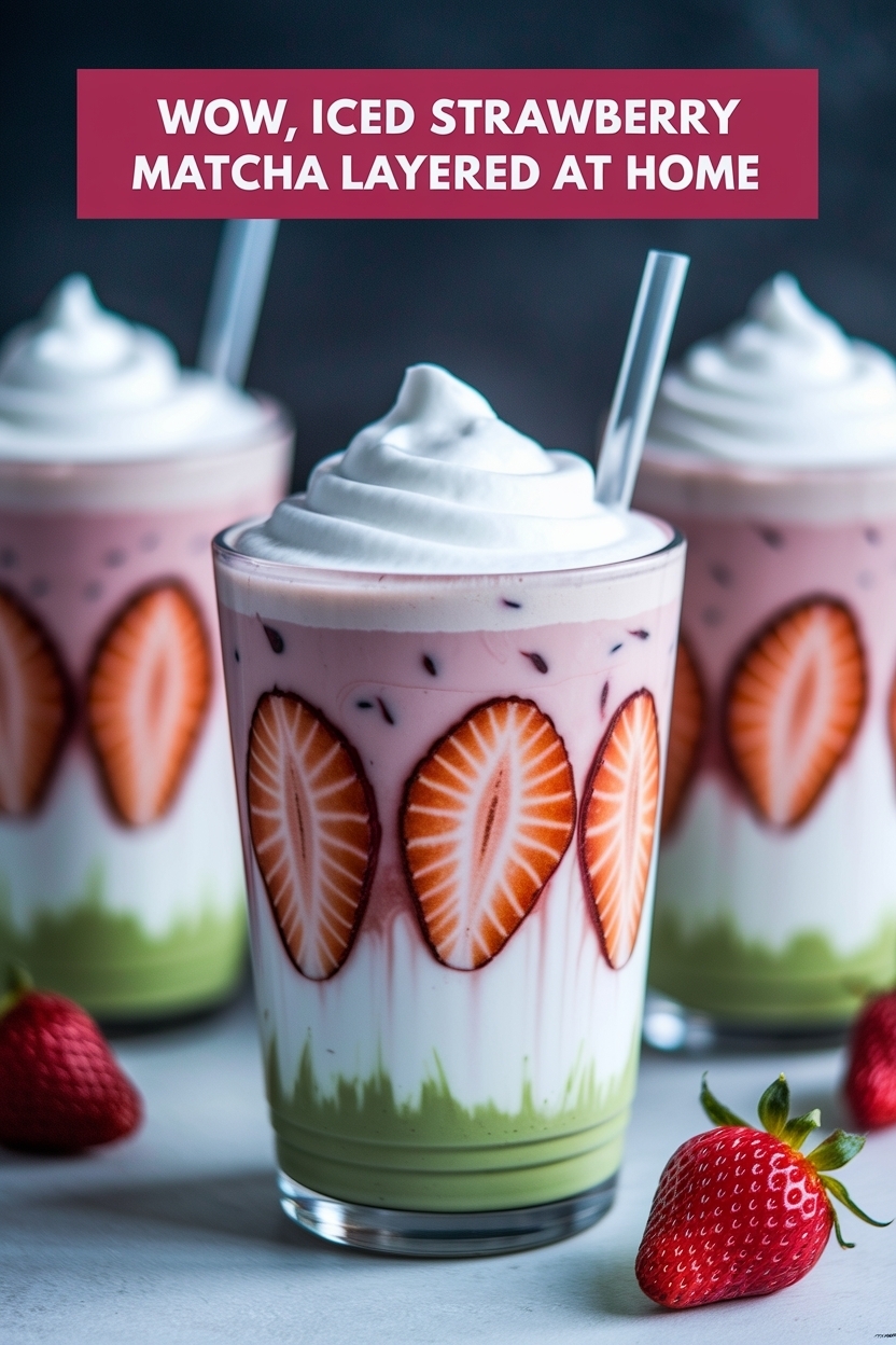 iced strawberry matcha latte layered at home